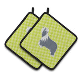 Caroline'S Treasures Bearded Collie Checkerboard Green Pair Of Pot Holders Bb3817Pthd, 7.5Hx7.5W, Multicolor