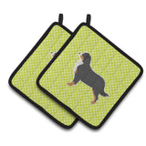 Caroline'S Treasures Bernese Mountain Dog Checkerboard Green Pair Of Pot Holders Bb3819Pthd, 7.5Hx7.5W, Multicolor