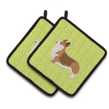Caroline'S Treasures Corgi Checkerboard Green Pair Of Pot Holders Bb3820Pthd, 7.5Hx7.5W, Multicolor