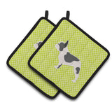 Caroline'S Treasures French Bulldog Checkerboard Green Pair Of Pot Holders Bb3841Pthd, 7.5Hx7.5W, Multicolor