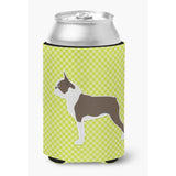 Caroline'S Treasures Boston Terrier Checkerboard Green Can Or Bottle Hugger Bb3844Cc, Can Hugger, Multicolor