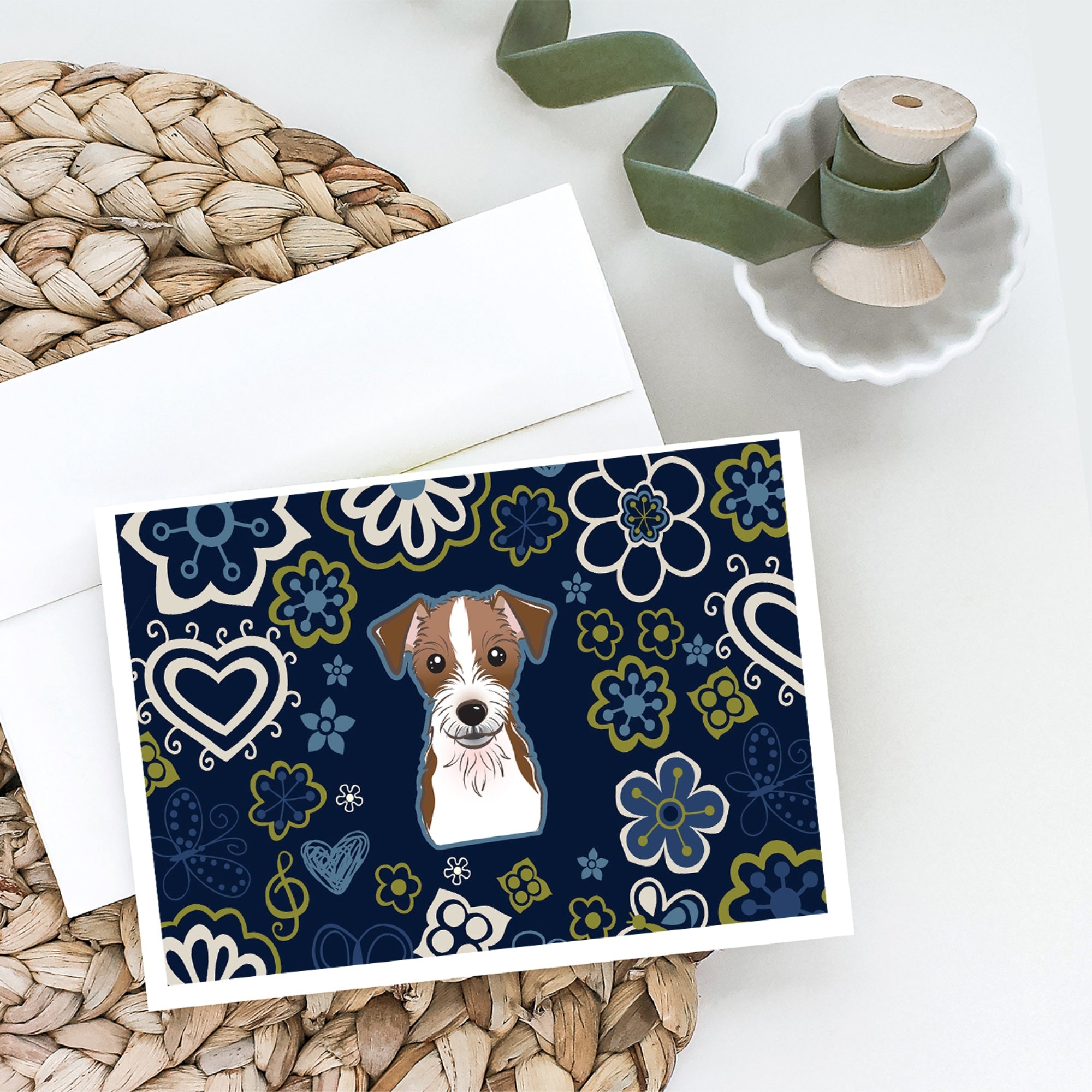 Blue Flowers Jack Russell Terrier Greeting Cards And Envelopes Pack Of 8