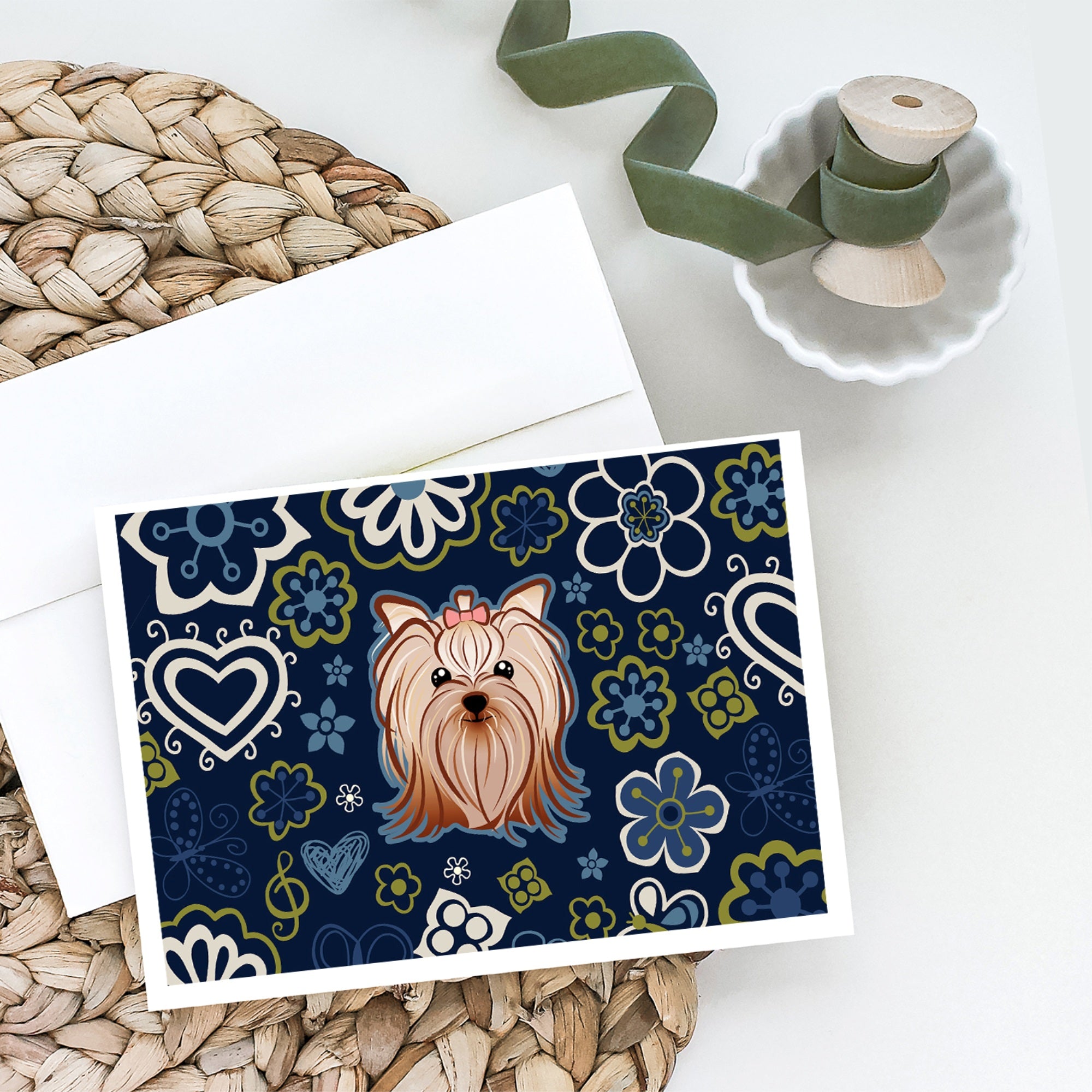Blue Flowers Yorkie Yorkishire Terrier Greeting Cards And Envelopes Pack Of 8