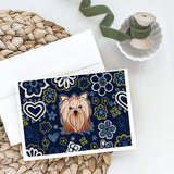 Blue Flowers Yorkie Yorkishire Terrier Greeting Cards And Envelopes Pack Of 8