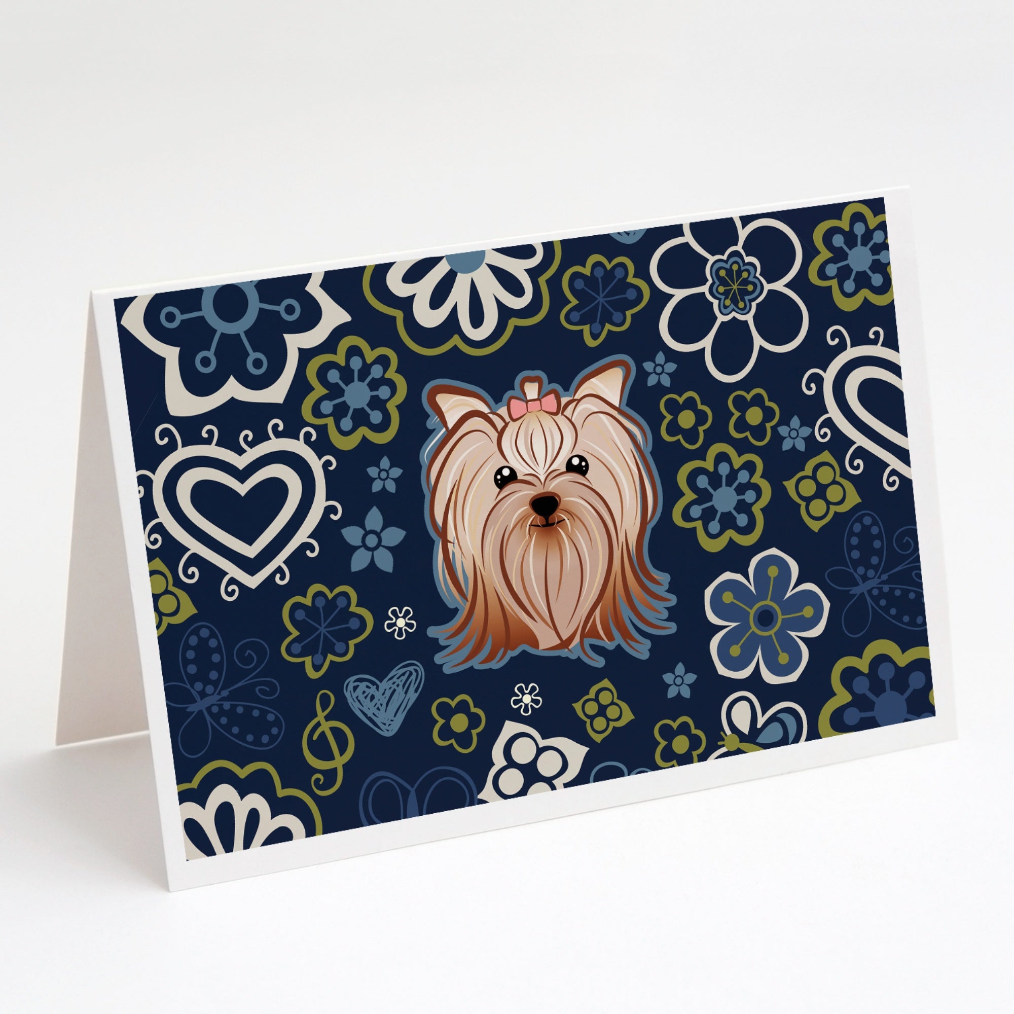 Blue Flowers Yorkie Yorkishire Terrier Greeting Cards And Envelopes Pack Of 8