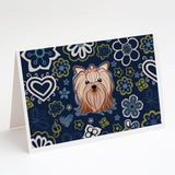 Blue Flowers Yorkie Yorkishire Terrier Greeting Cards And Envelopes Pack Of 8