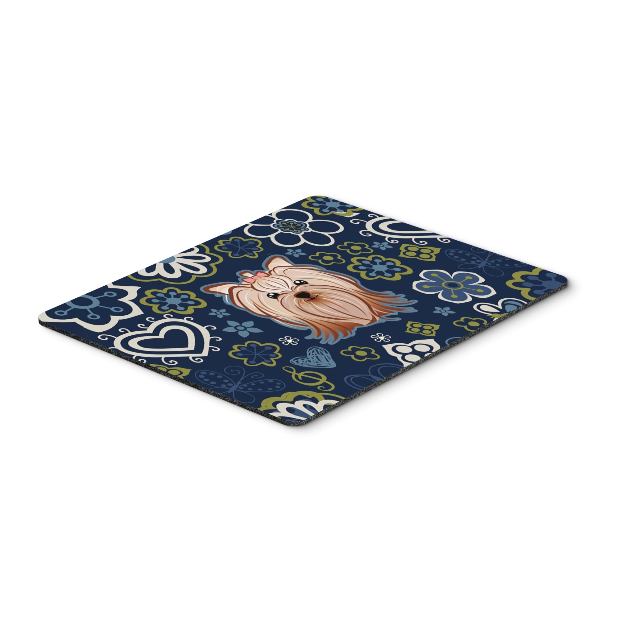 Blue Flowers Yorkie Yorkishire Terrier Mouse Pad, Hot Pad Or Trivet