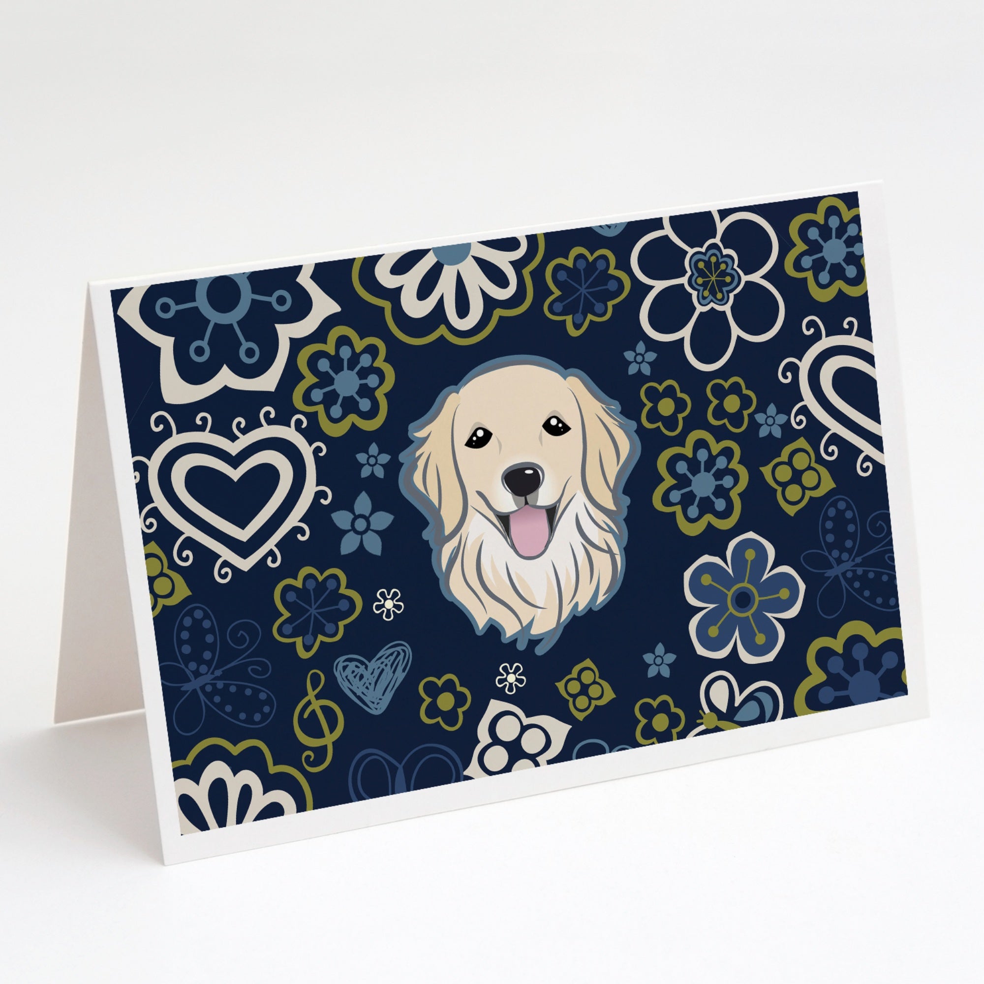 Blue Flowers Golden Retriever Greeting Cards And Envelopes Pack Of 8
