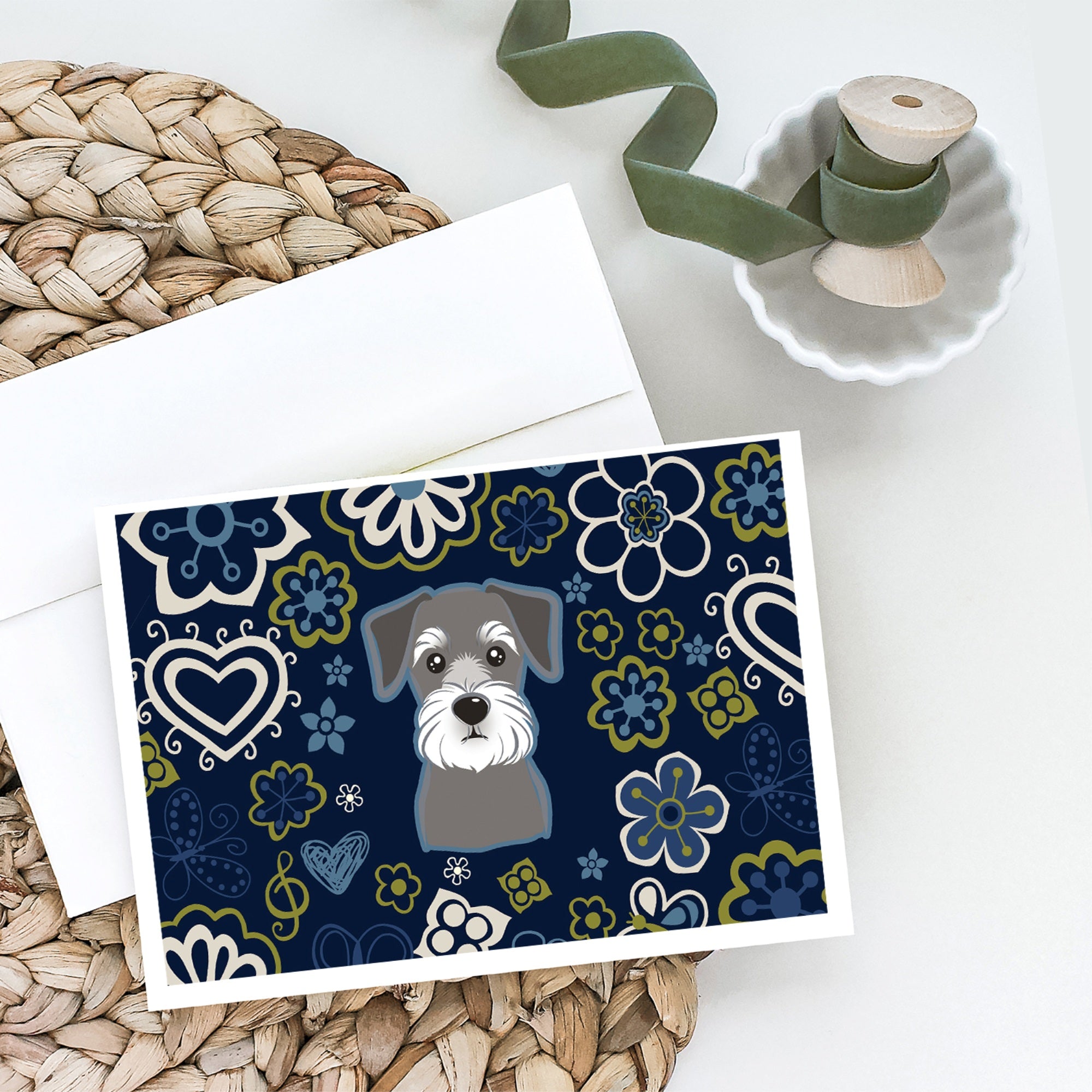 Blue Flowers Schnauzer Greeting Cards And Envelopes Pack Of 8