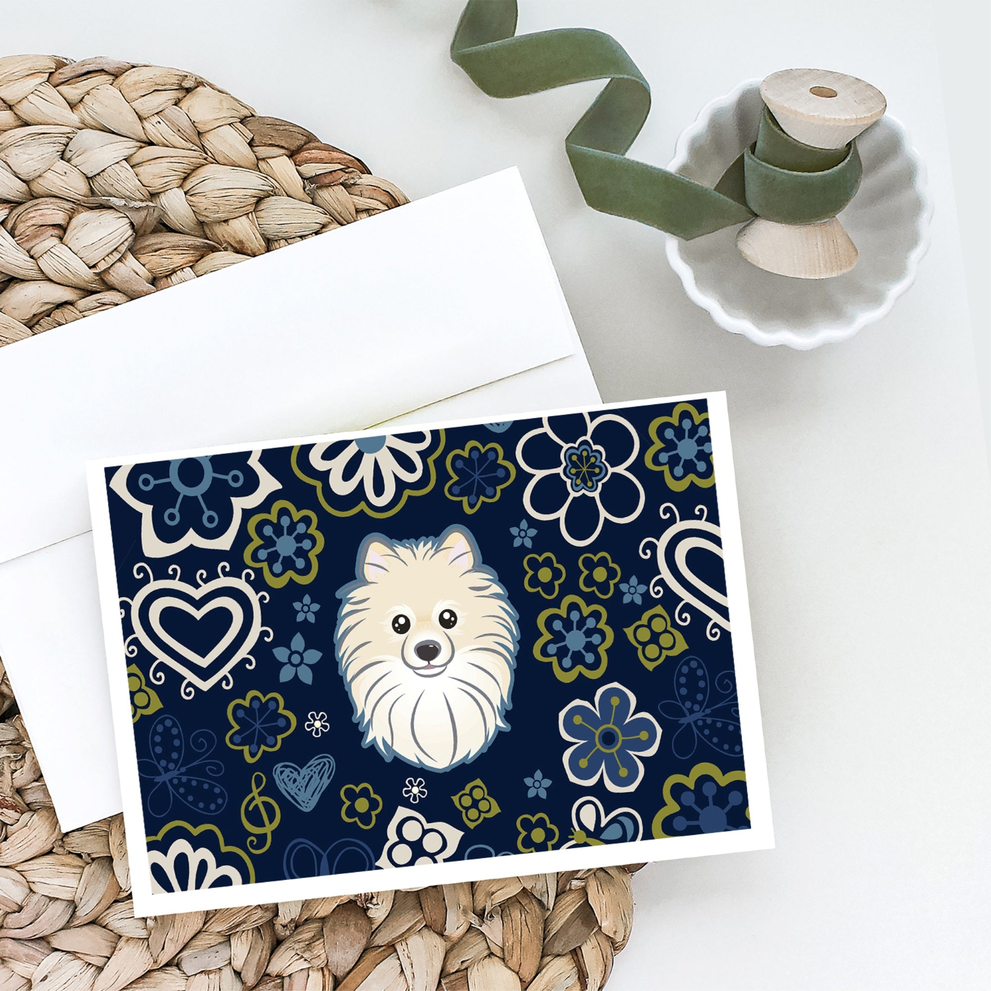 Blue Flowers Pomeranian Greeting Cards And Envelopes Pack Of 8