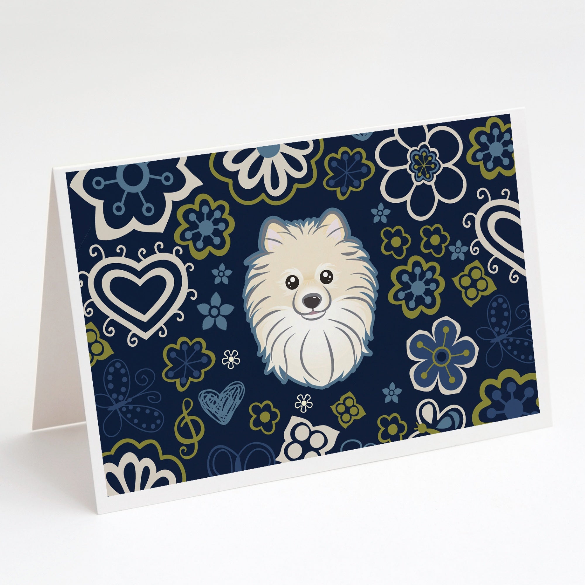 Blue Flowers Pomeranian Greeting Cards And Envelopes Pack Of 8