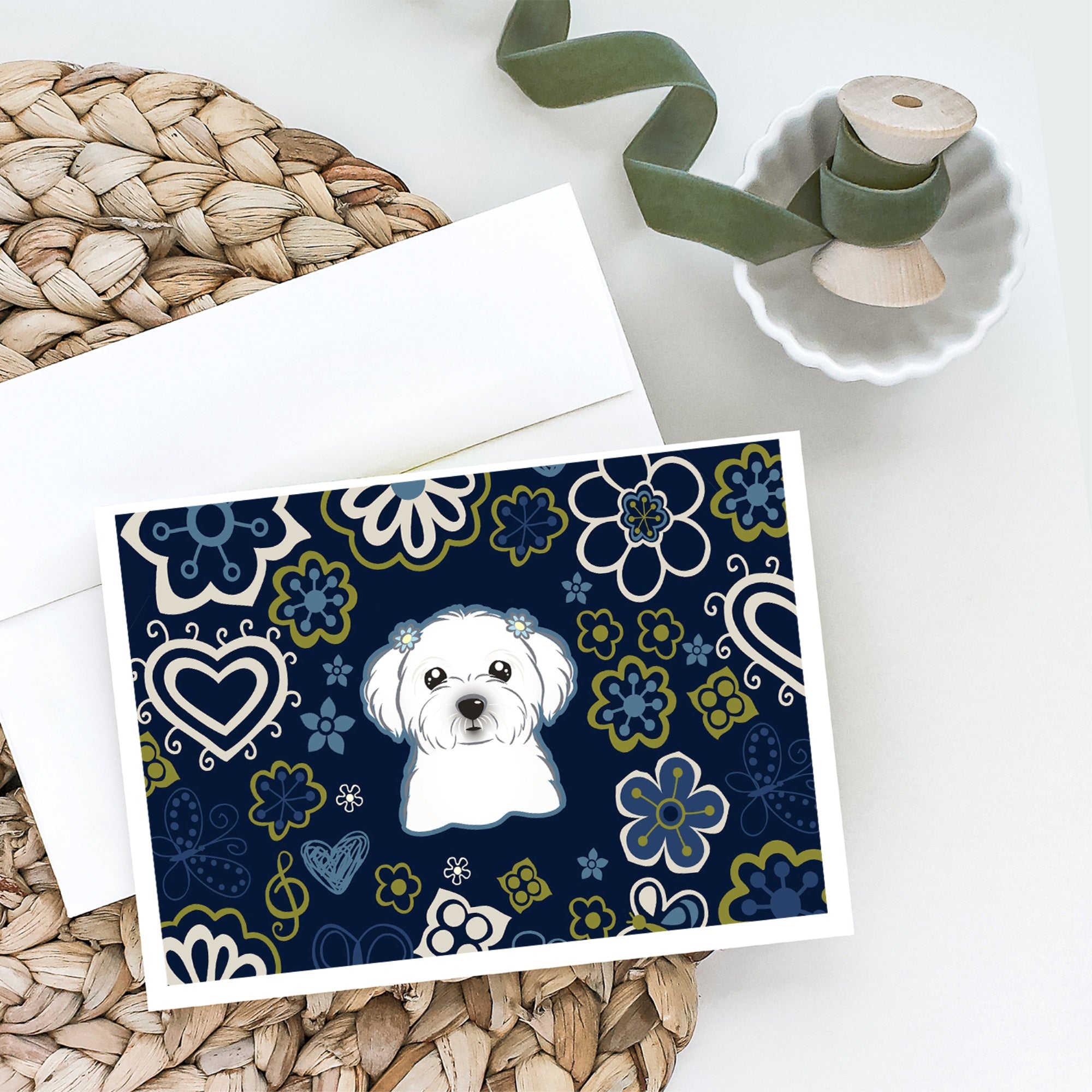 Blue Flowers Maltese Greeting Cards And Envelopes Pack Of 8