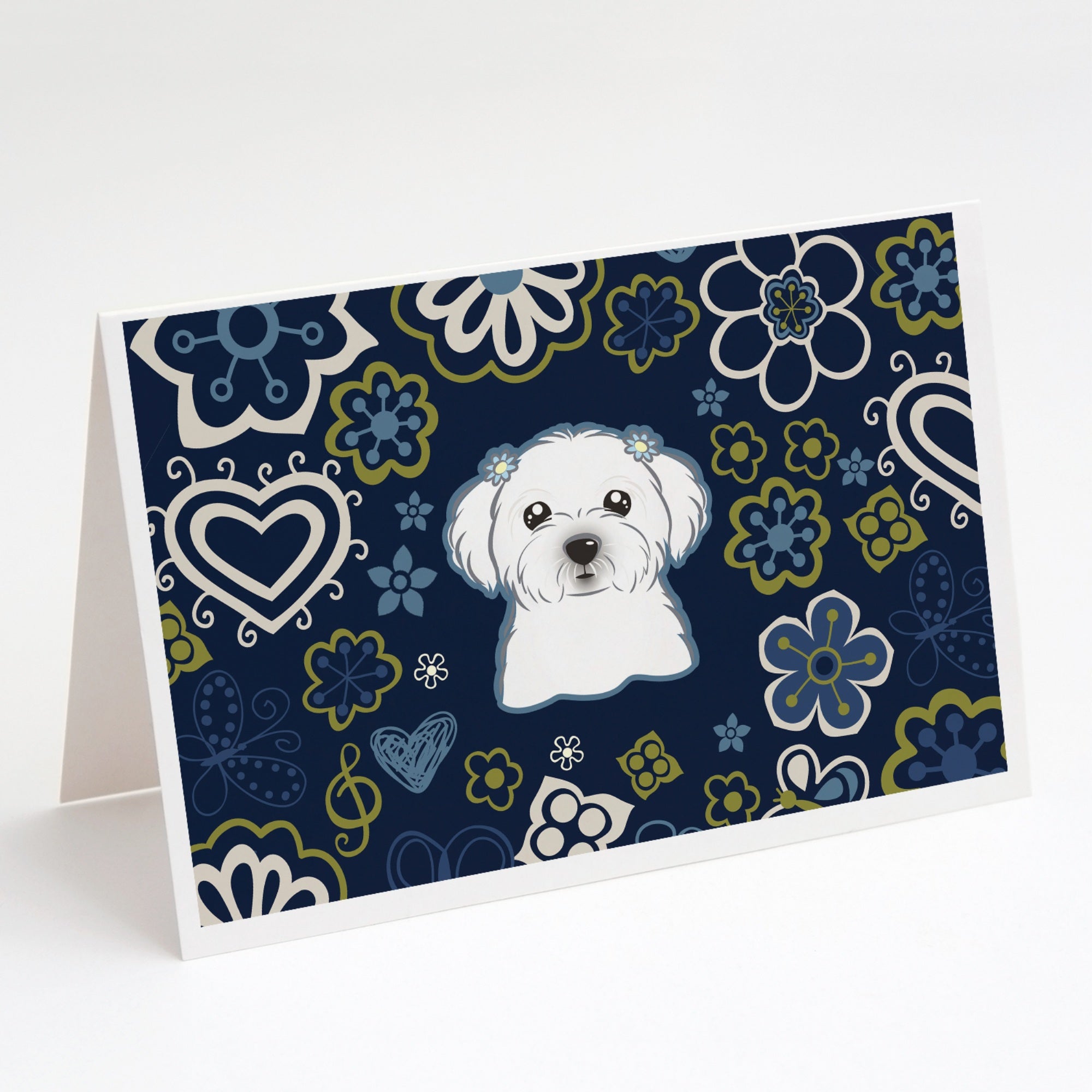 Blue Flowers Maltese Greeting Cards And Envelopes Pack Of 8