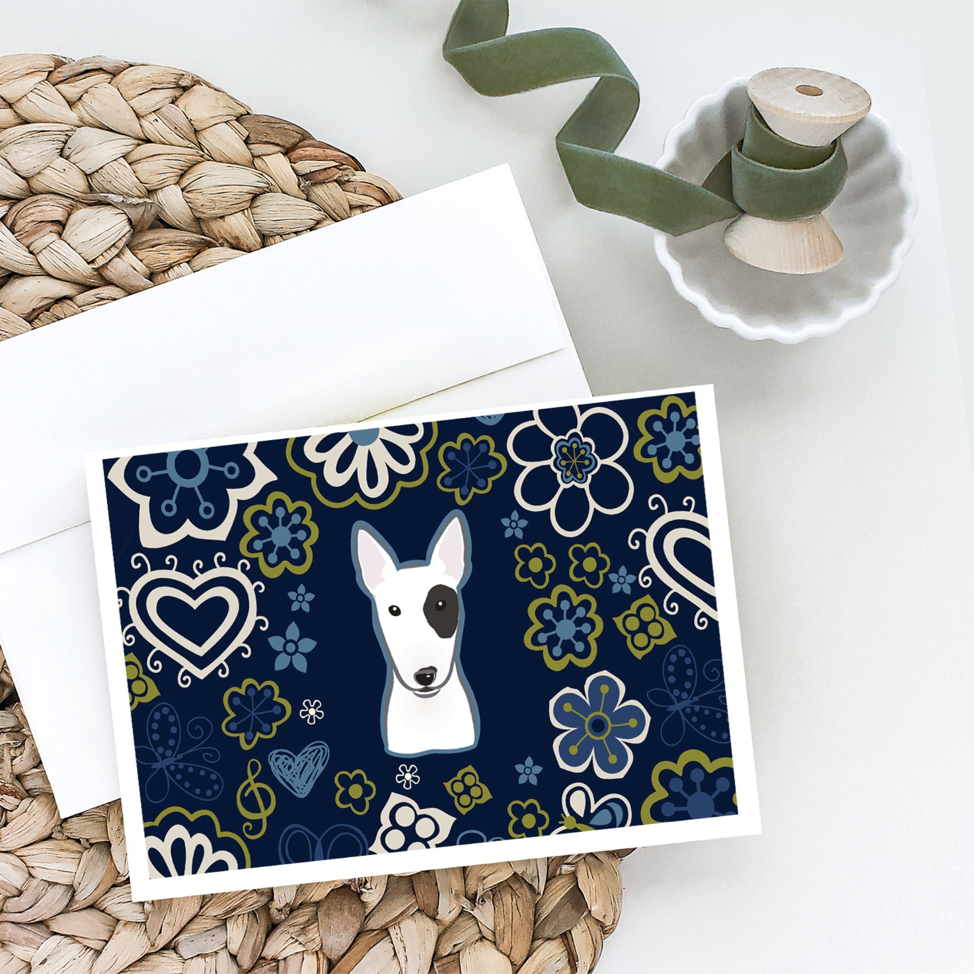 Blue Flowers Bull Terrier Greeting Cards And Envelopes Pack Of 8