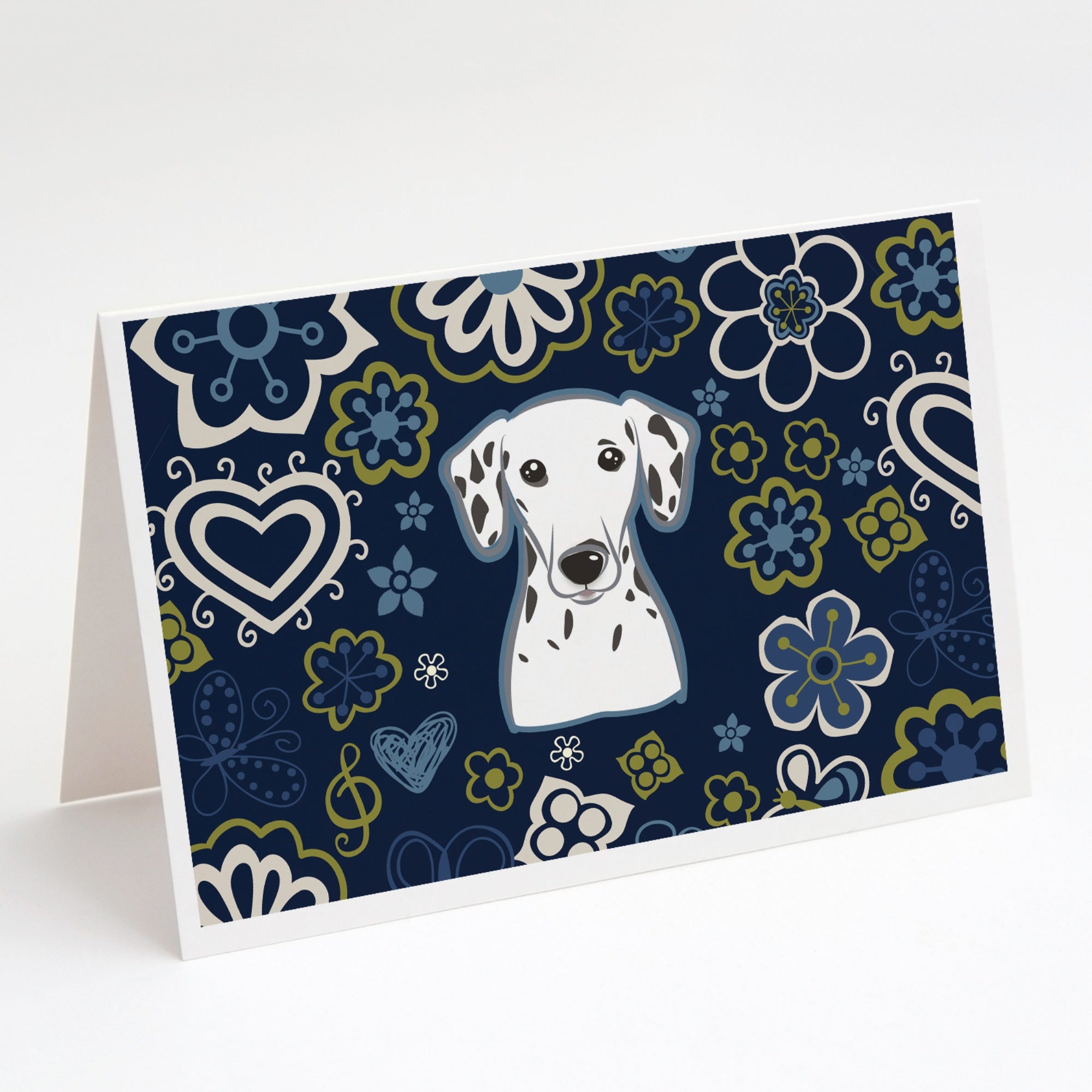Blue Flowers Dalmatian Greeting Cards And Envelopes Pack Of 8
