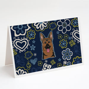 Blue Flowers German Shepherd Greeting Cards And Envelopes Pack Of 8