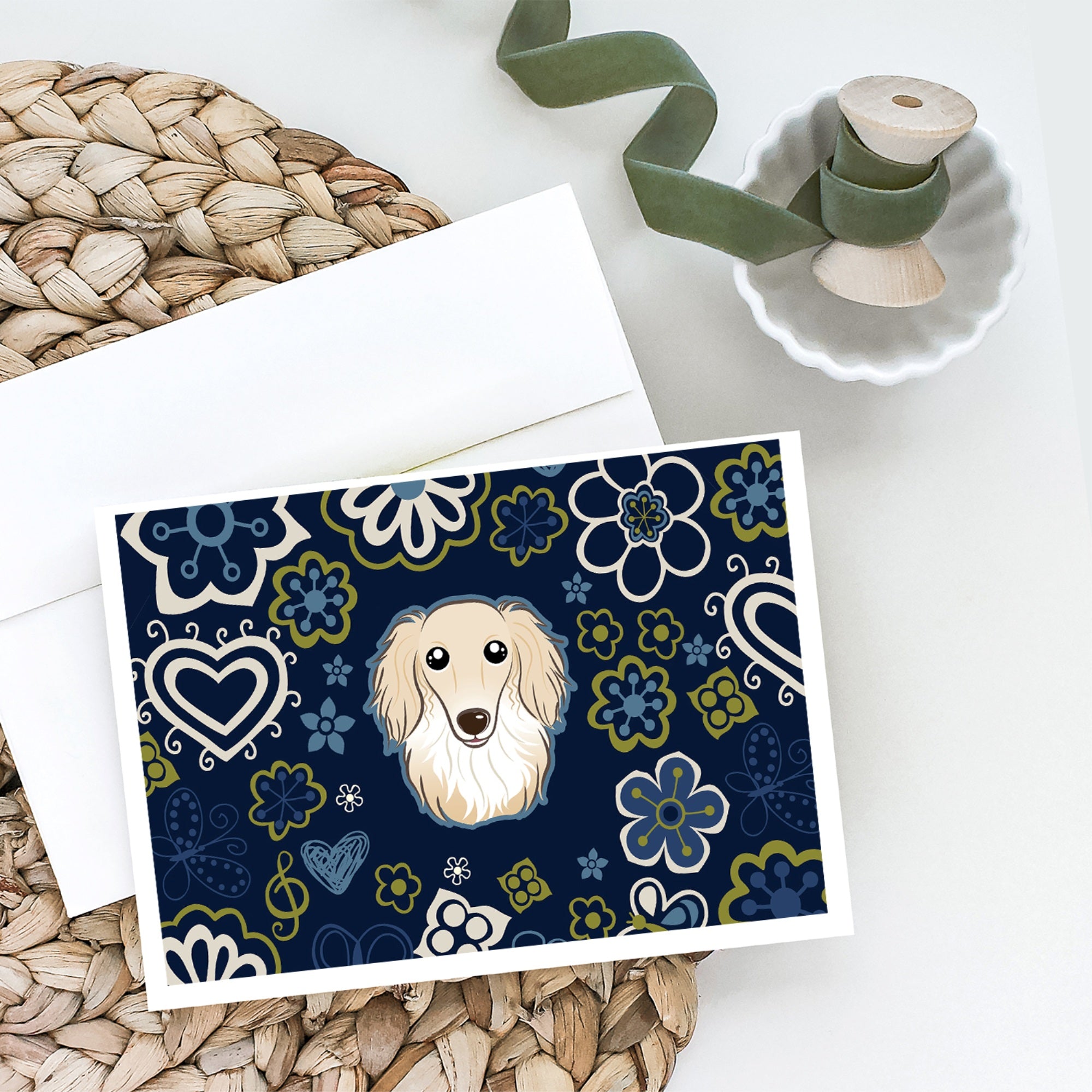 Blue Flowers Longhair Creme Dachshund Greeting Cards And Envelopes Pack Of 8