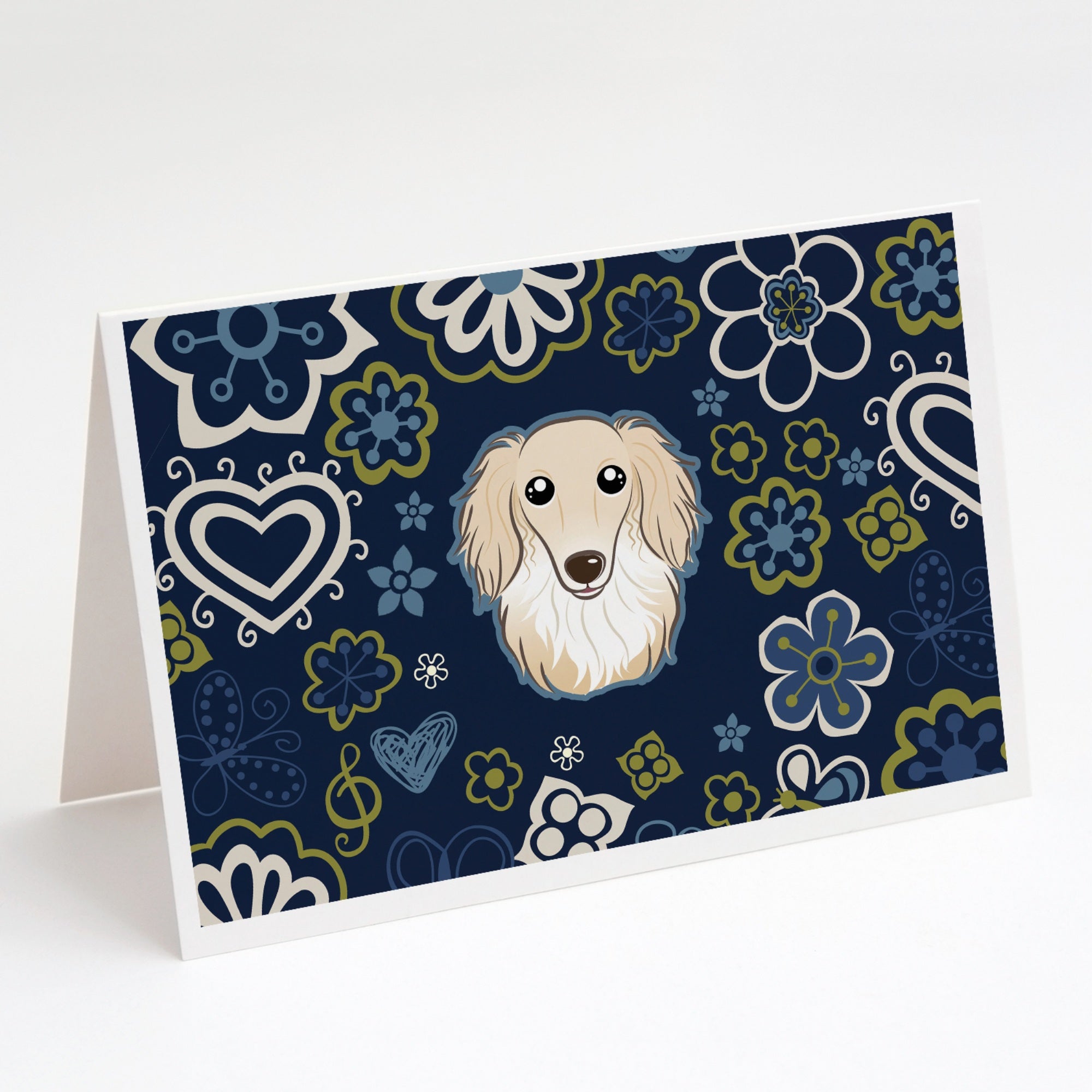 Blue Flowers Longhair Creme Dachshund Greeting Cards And Envelopes Pack Of 8