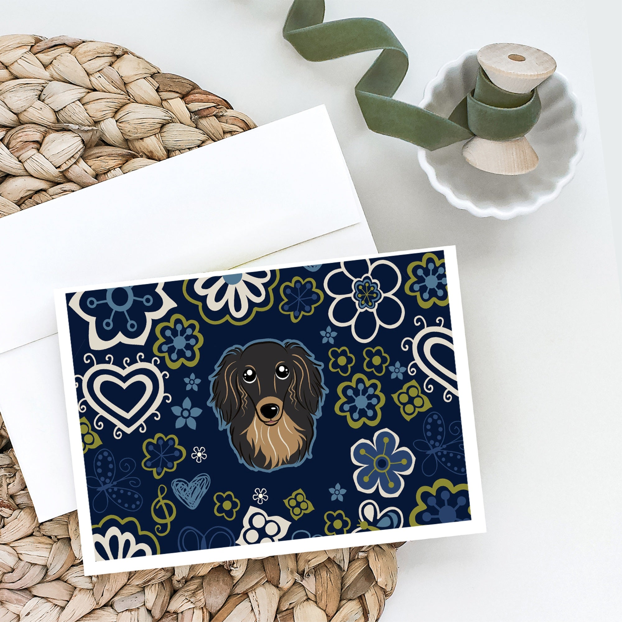 Blue Flowers Longhair Black And Tan Dachshund Greeting Cards And Envelopes Pack Of 8