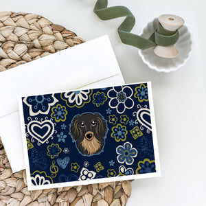 Blue Flowers Longhair Black And Tan Dachshund Greeting Cards And Envelopes Pack Of 8