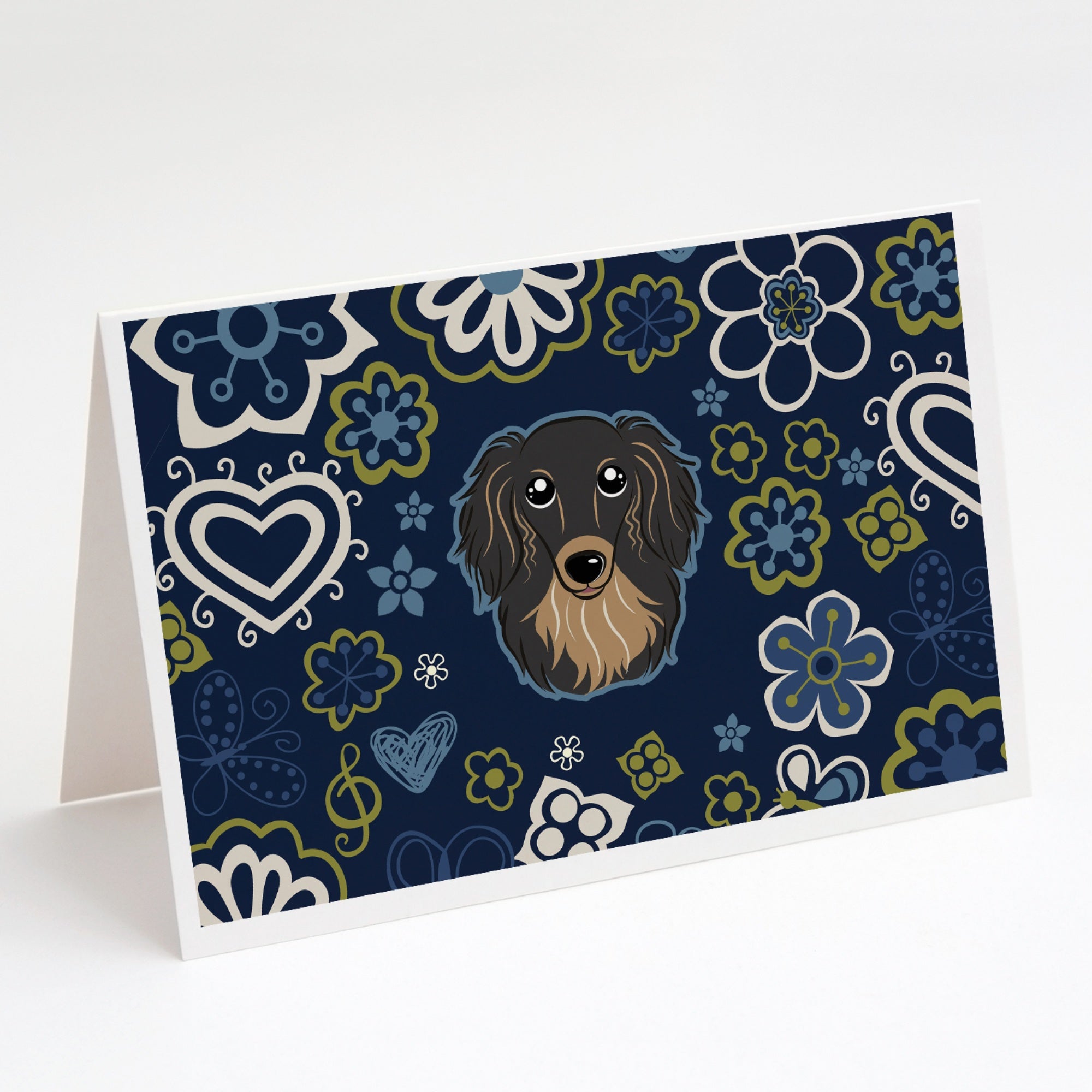 Blue Flowers Longhair Black And Tan Dachshund Greeting Cards And Envelopes Pack Of 8