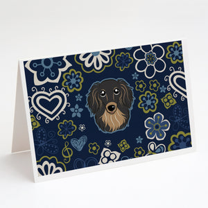 Blue Flowers Longhair Black And Tan Dachshund Greeting Cards And Envelopes Pack Of 8