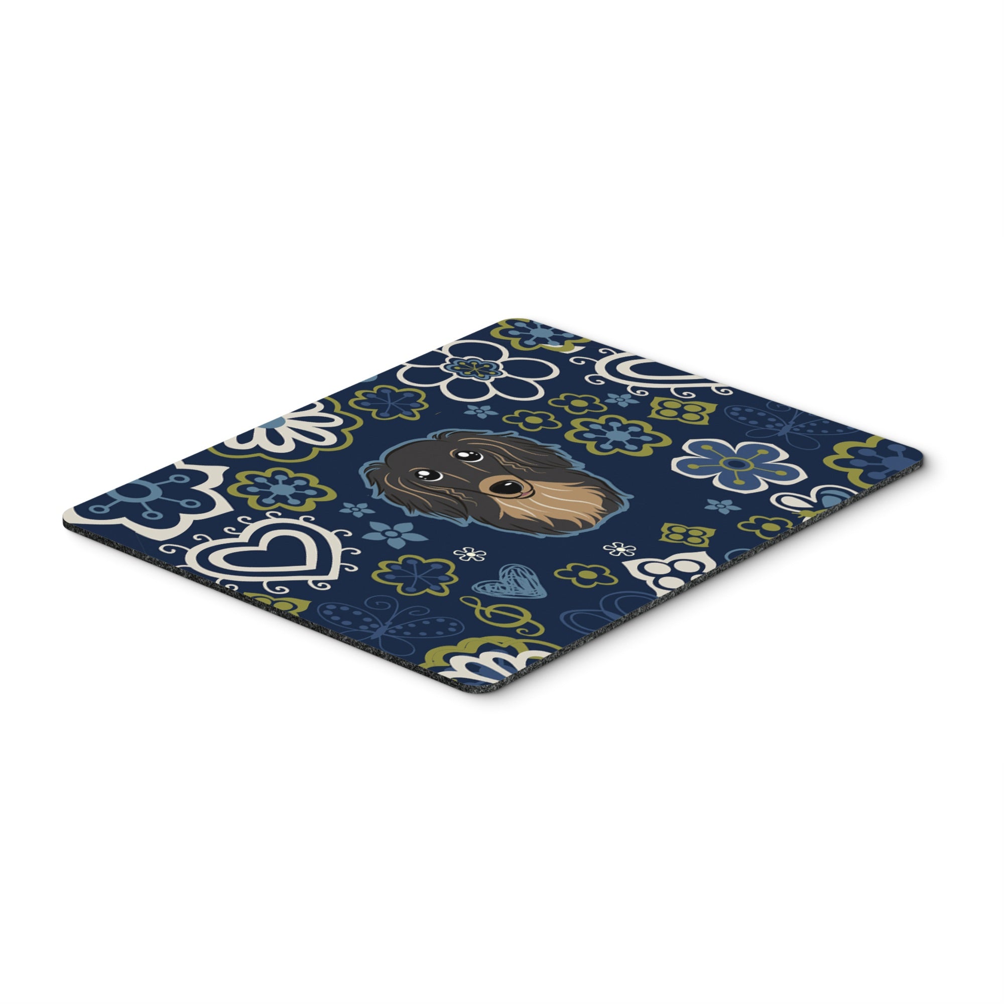 Blue Flowers Longhair Black And Tan Dachshund Mouse Pad, Hot Pad Or Trivet