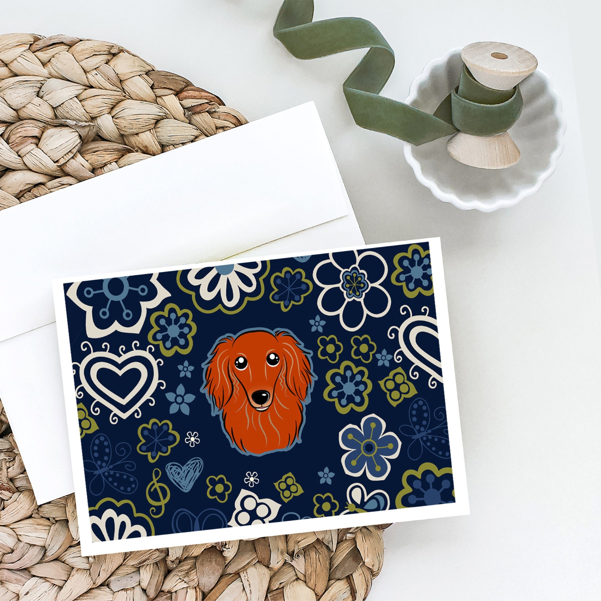 Blue Flowers Longhair Red Dachshund Greeting Cards And Envelopes Pack Of 8