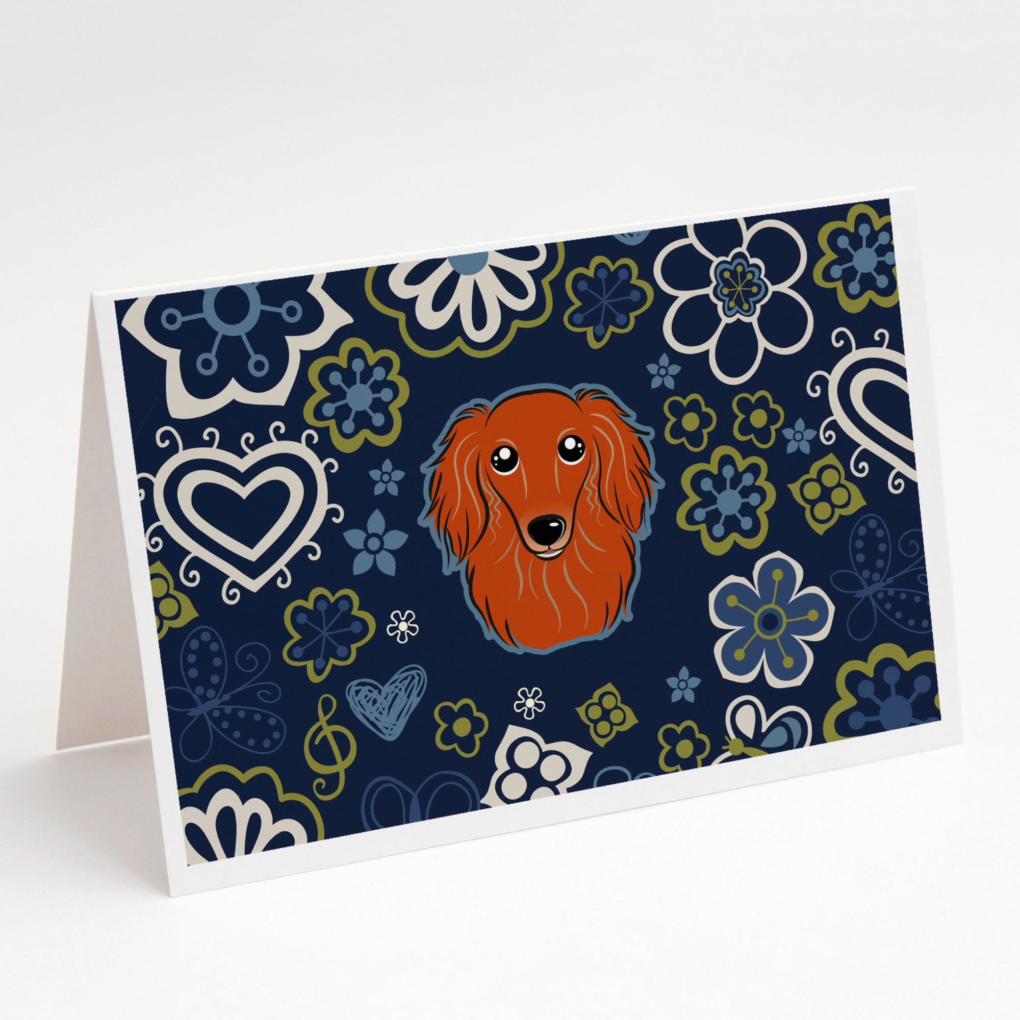 Blue Flowers Longhair Red Dachshund Greeting Cards And Envelopes Pack Of 8