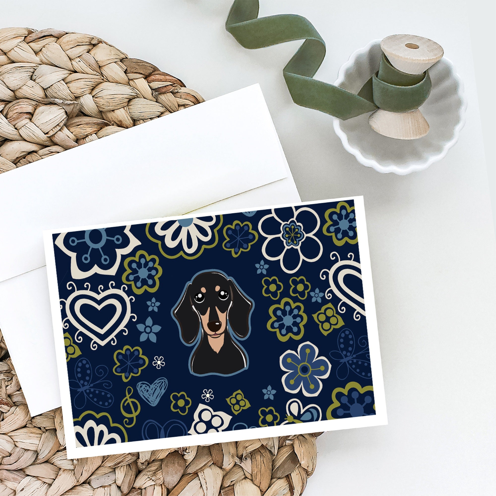 Blue Flowers Smooth Black And Tan Dachshund Greeting Cards And Envelopes Pack Of 8