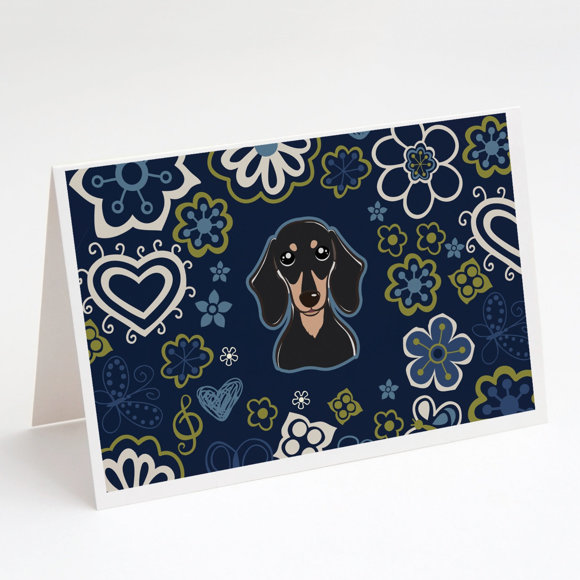 Blue Flowers Smooth Black And Tan Dachshund Greeting Cards And Envelopes Pack Of 8