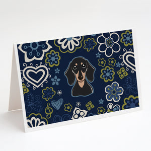 Blue Flowers Smooth Black And Tan Dachshund Greeting Cards And Envelopes Pack Of 8