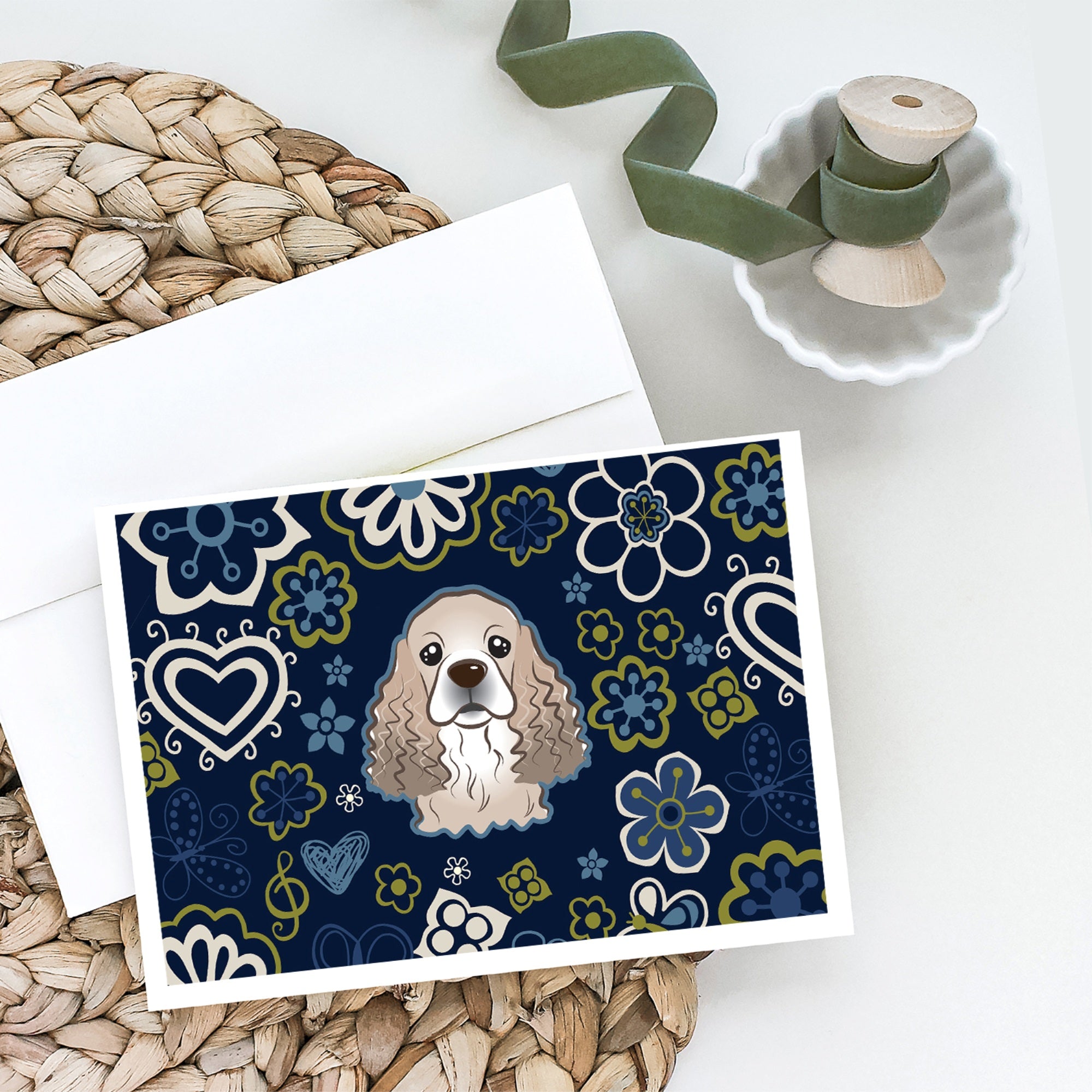 Blue Flowers Cocker Spaniel Greeting Cards And Envelopes Pack Of 8