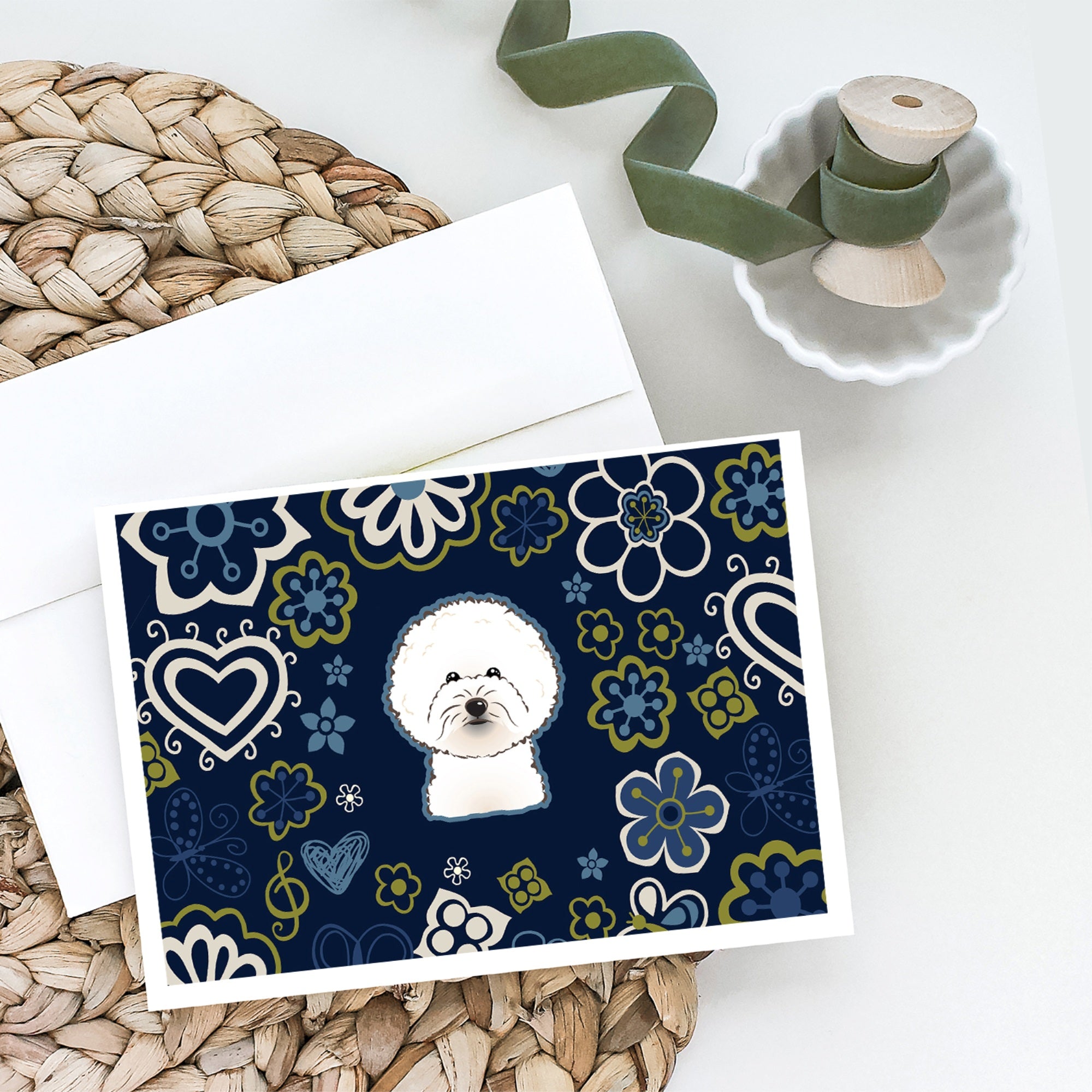 Blue Flowers Bichon Frise Greeting Cards And Envelopes Pack Of 8