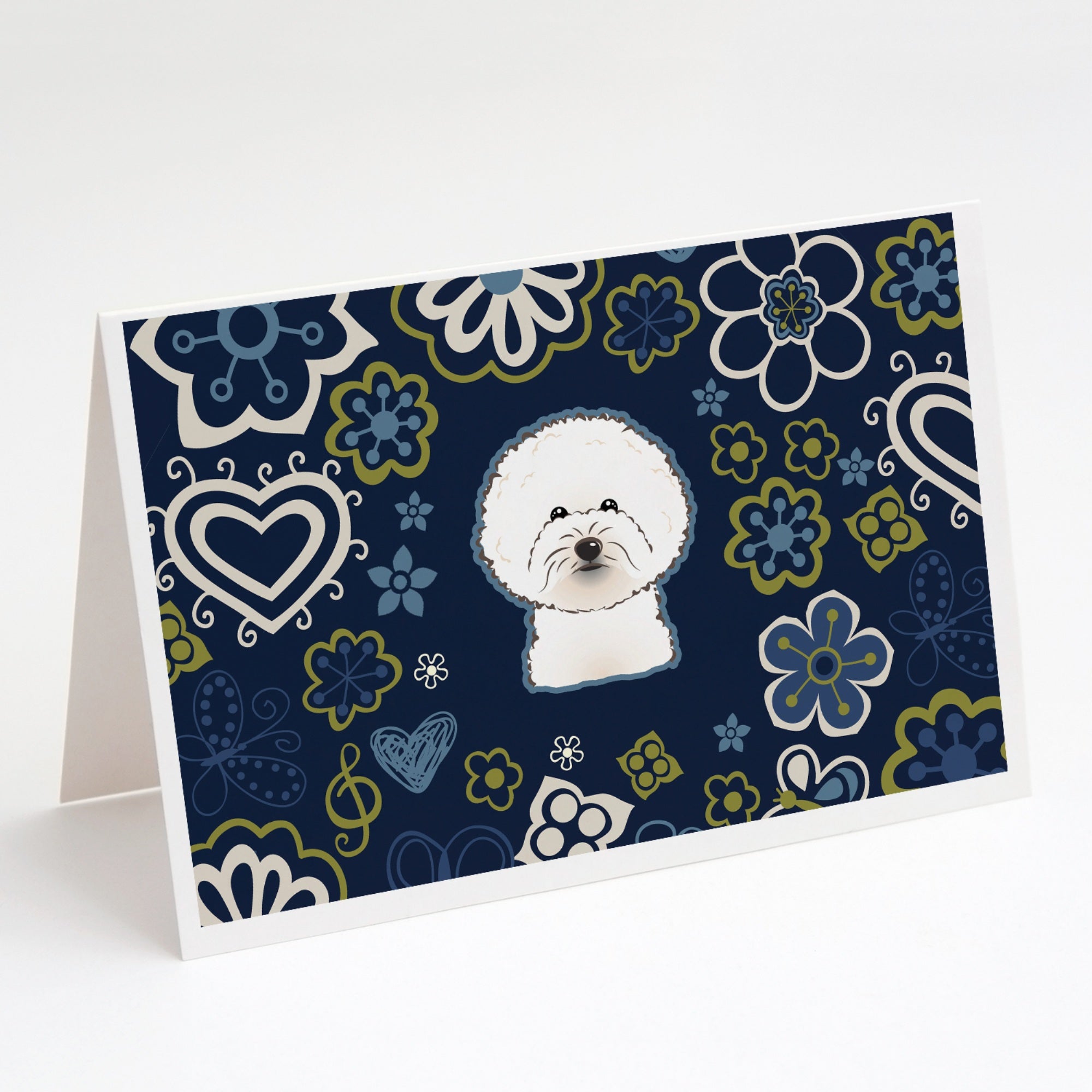 Blue Flowers Bichon Frise Greeting Cards And Envelopes Pack Of 8