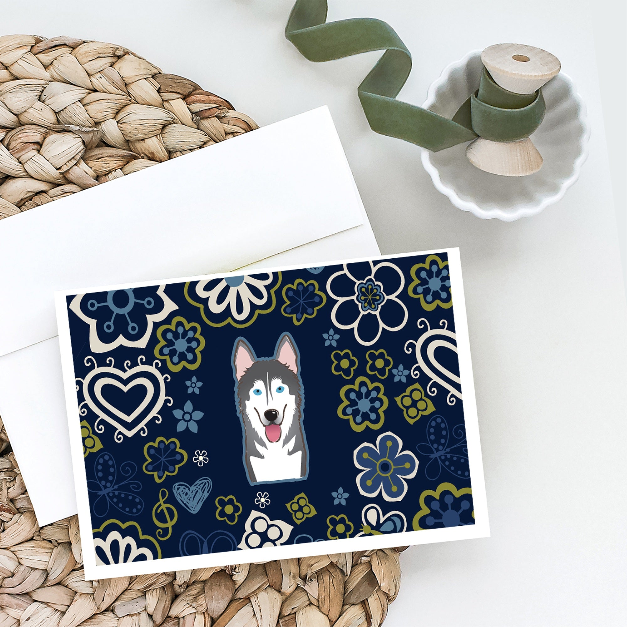 Blue Flowers Alaskan Malamute Greeting Cards And Envelopes Pack Of 8