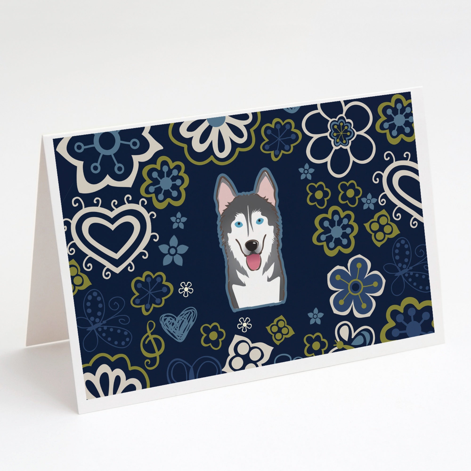Blue Flowers Alaskan Malamute Greeting Cards And Envelopes Pack Of 8