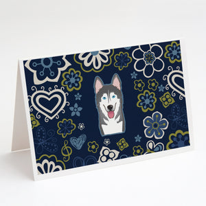 Blue Flowers Alaskan Malamute Greeting Cards And Envelopes Pack Of 8