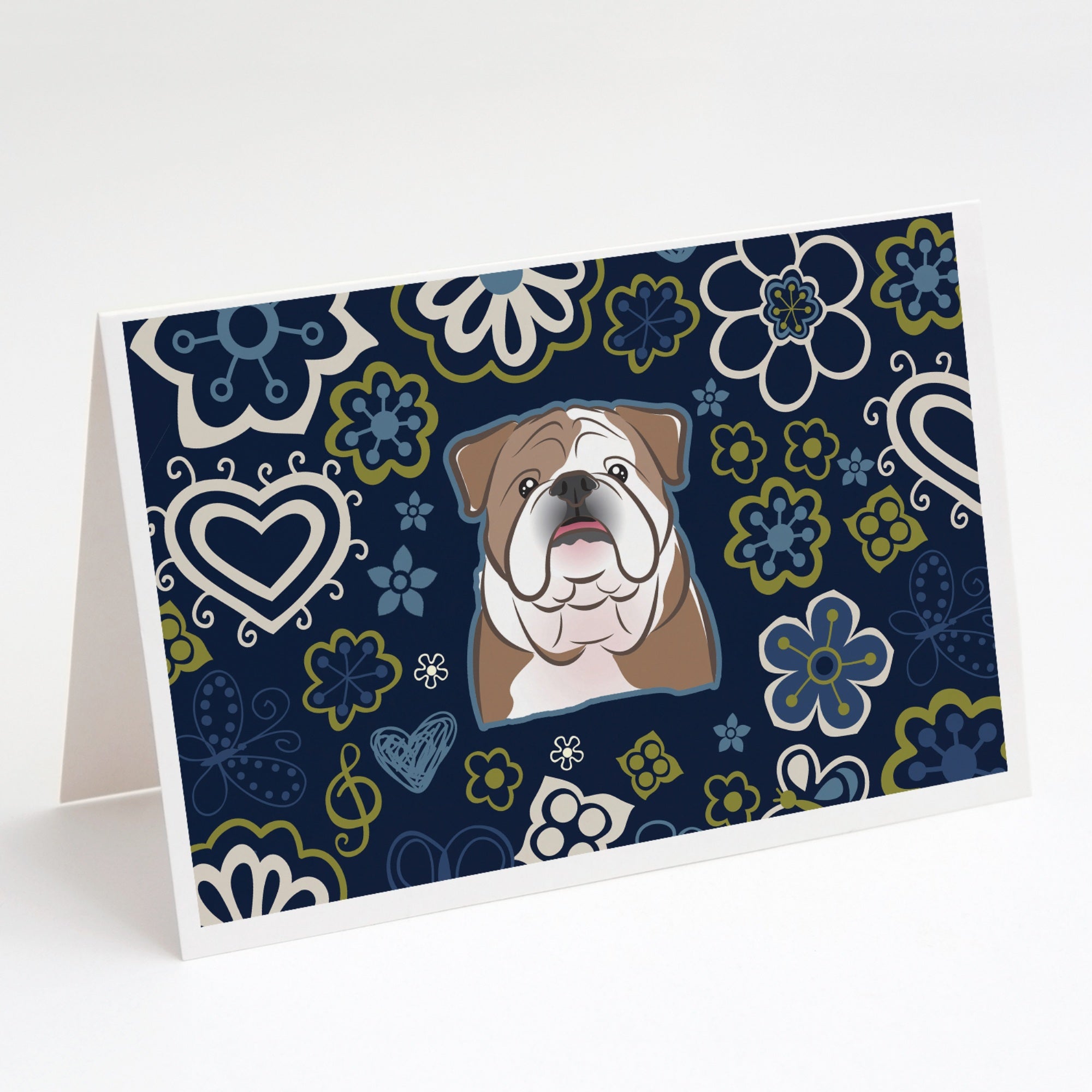 Blue Flowers English Bulldog Greeting Cards And Envelopes Pack Of 8