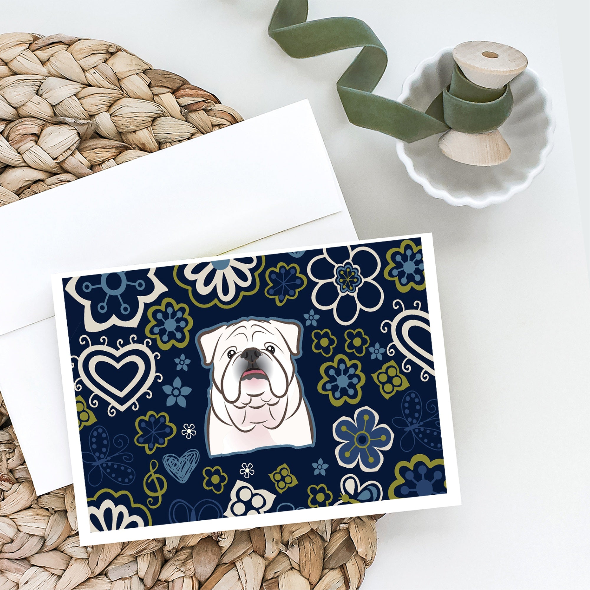 Blue Flowers White English Bulldog Greeting Cards And Envelopes Pack Of 8