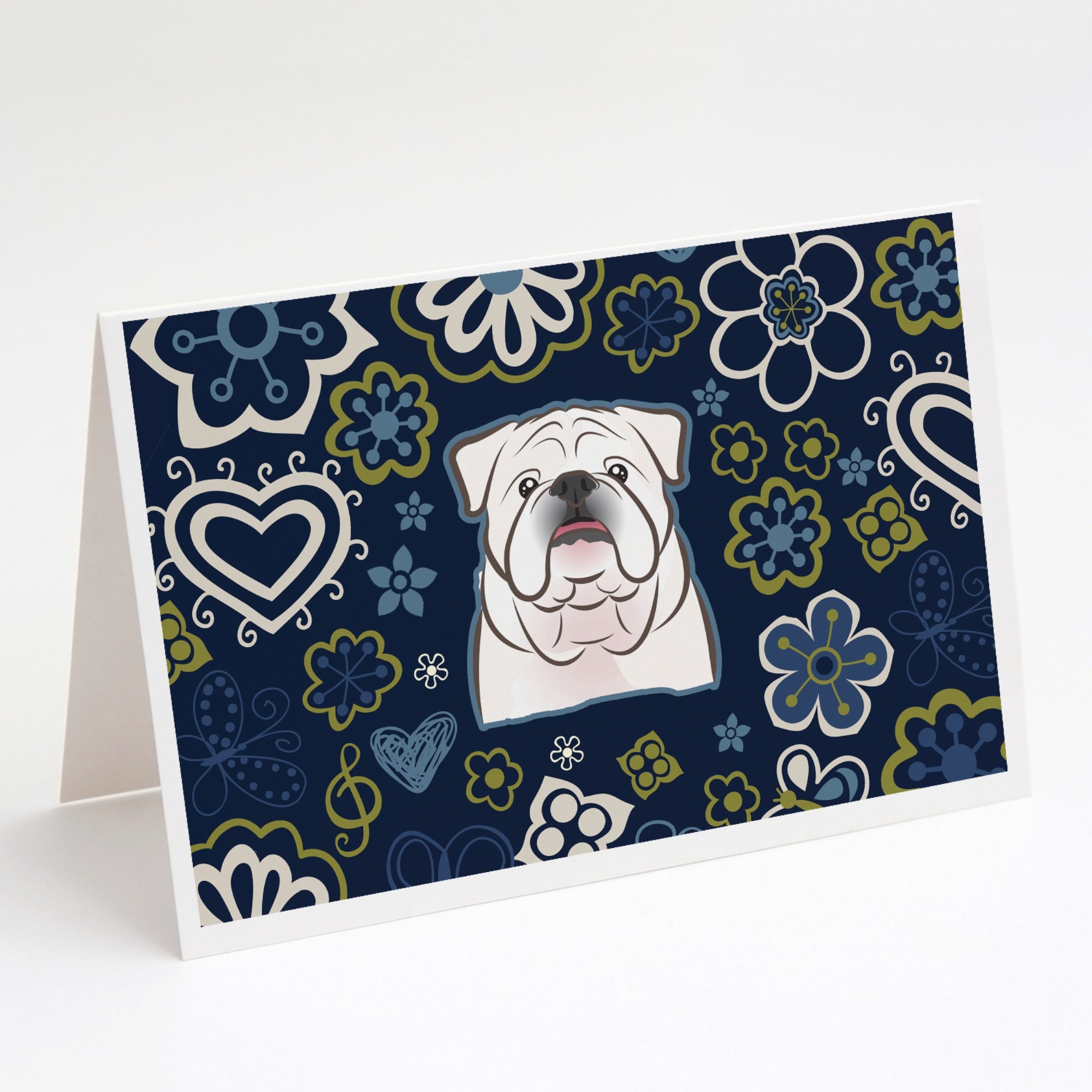Blue Flowers White English Bulldog Greeting Cards And Envelopes Pack Of 8