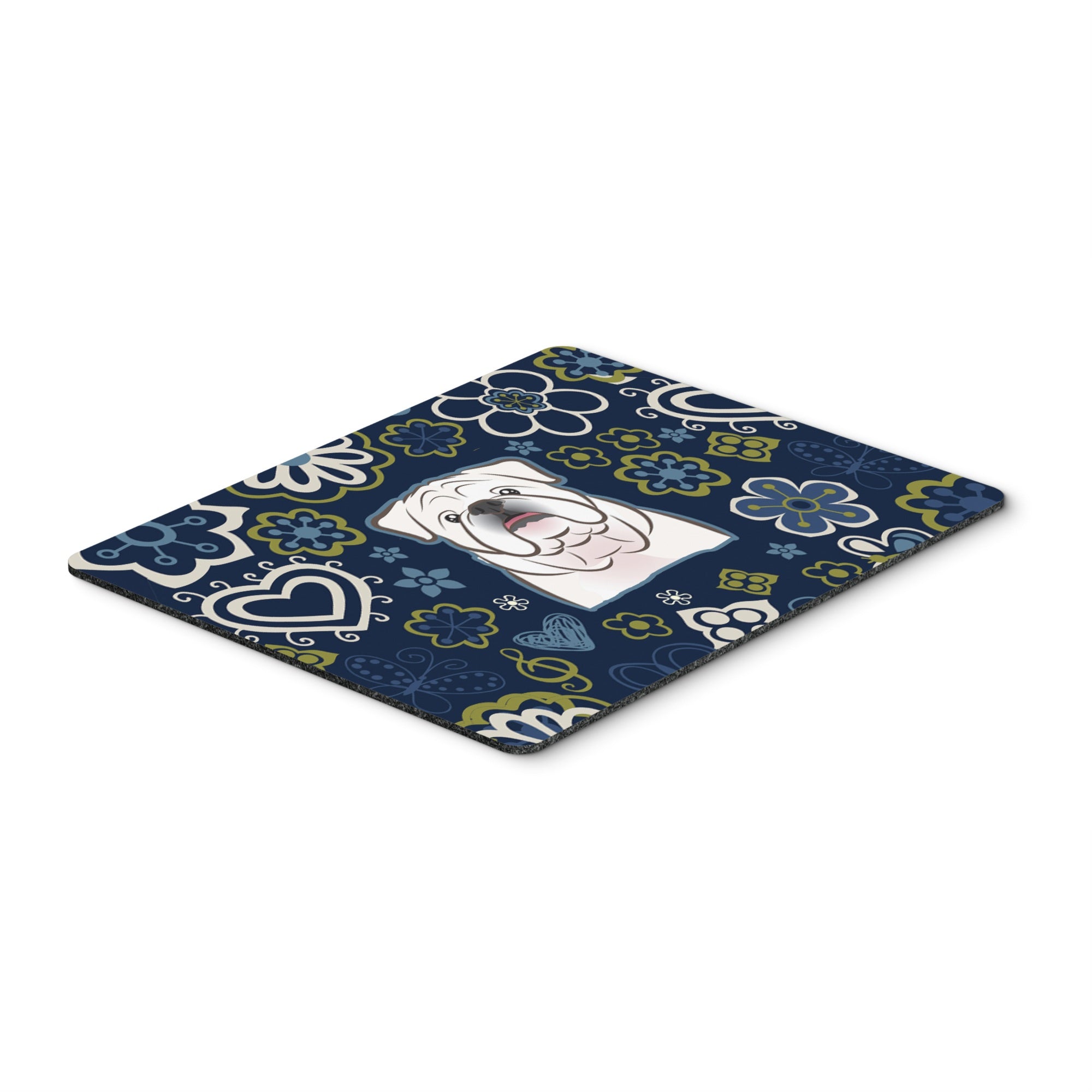 Blue Flowers White English Bulldog Mouse Pad, Hot Pad Or Trivet