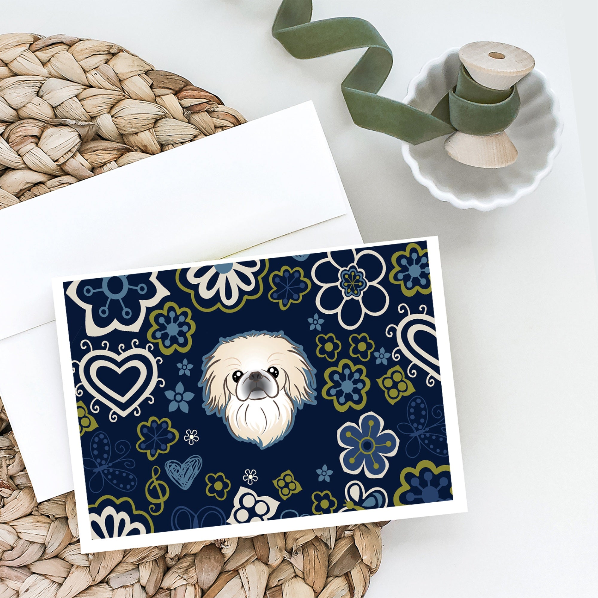 Blue Flowers Pekingese Greeting Cards And Envelopes Pack Of 8