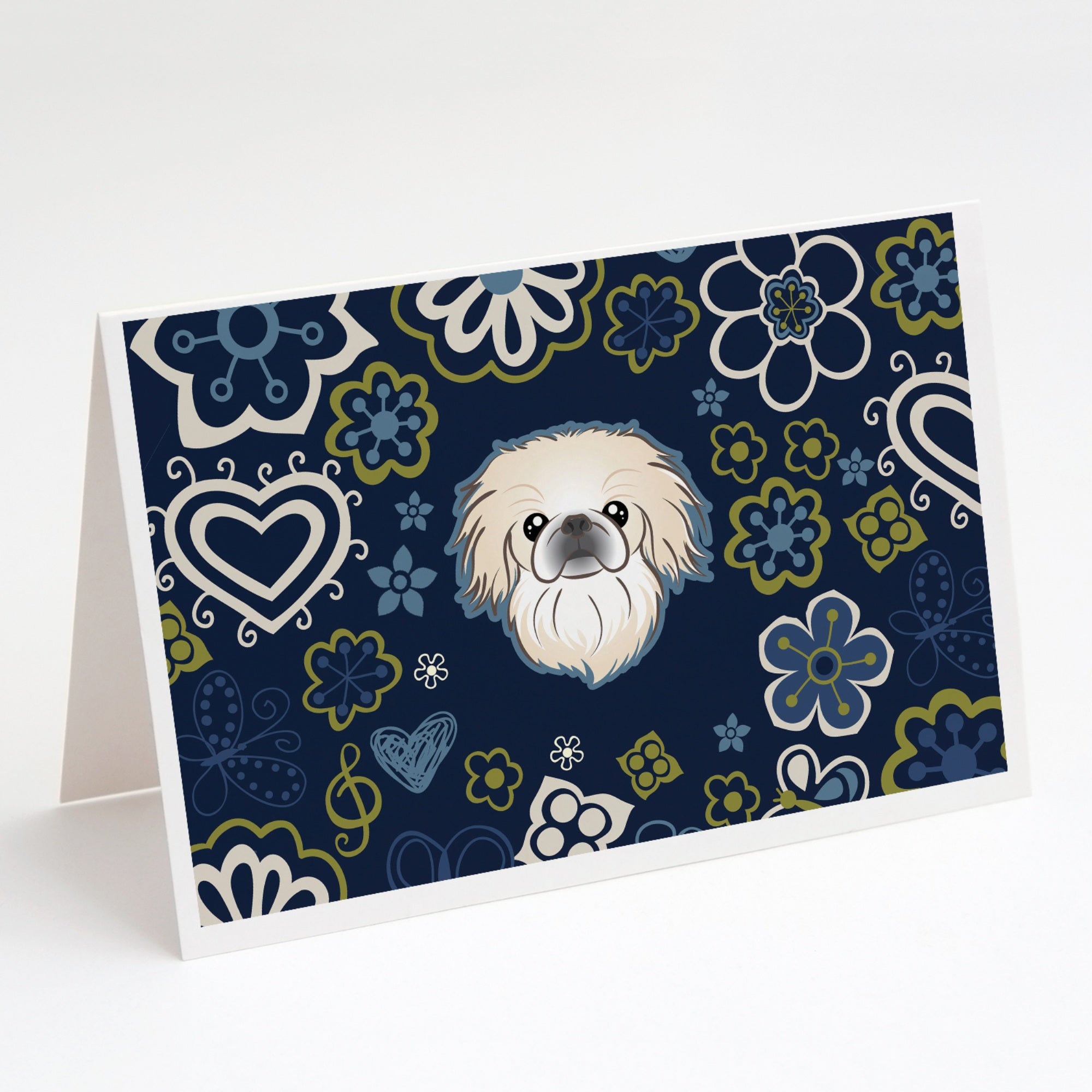 Blue Flowers Pekingese Greeting Cards And Envelopes Pack Of 8