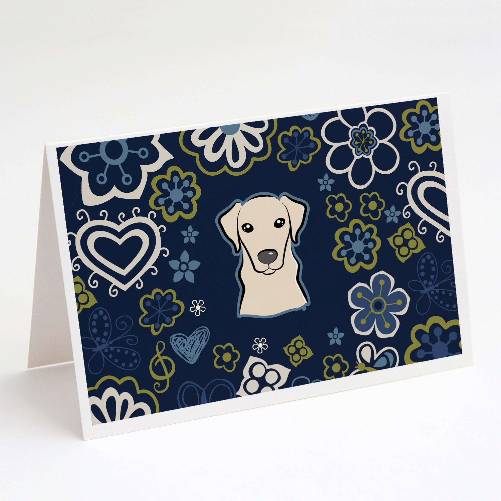 Blue Flowers Yellow Labrador Greeting Cards And Envelopes Pack Of 8