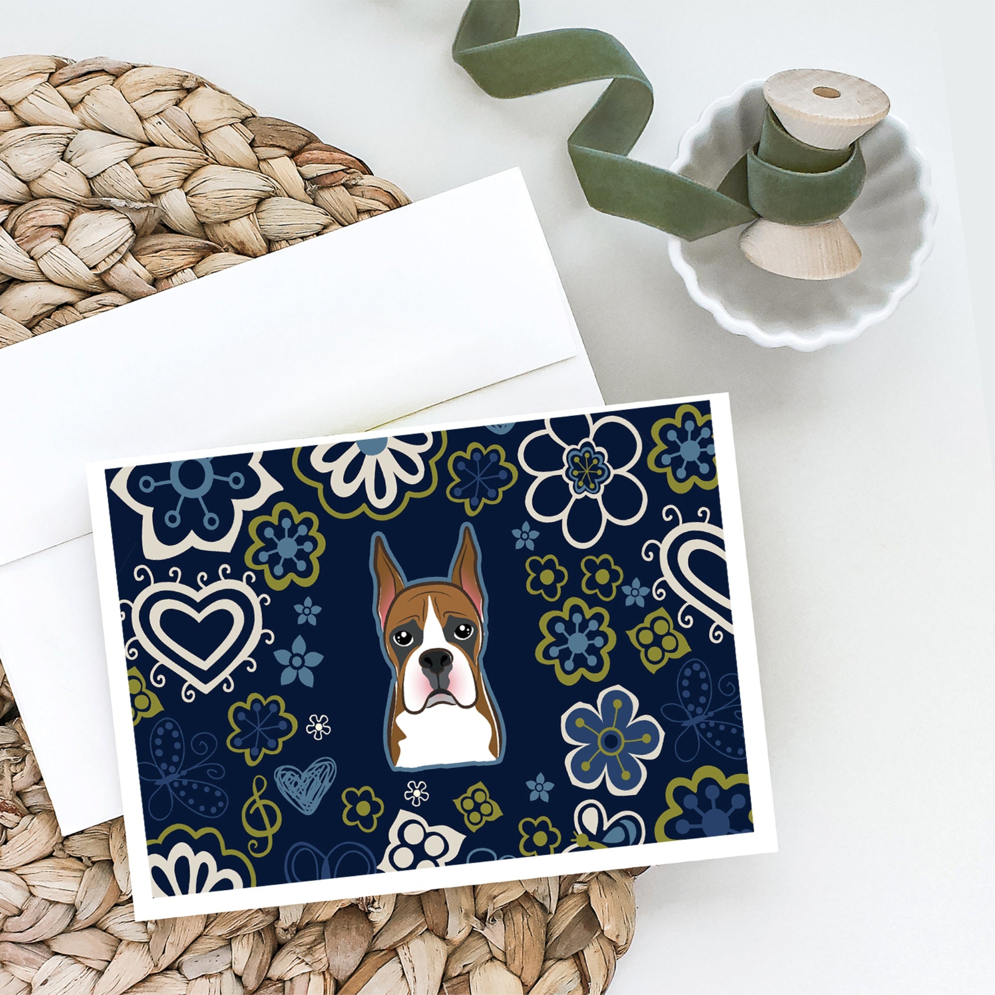 Blue Flowers Boxer Greeting Cards And Envelopes Pack Of 8
