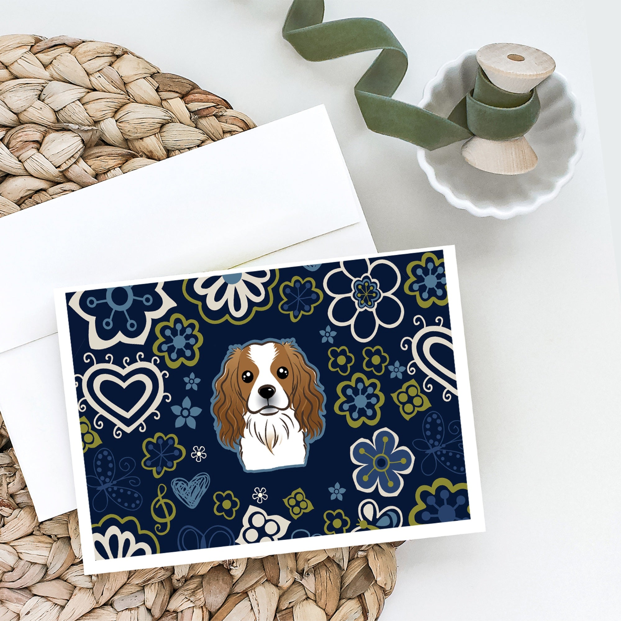 Blue Flowers Cavalier Spaniel Greeting Cards And Envelopes Pack Of 8