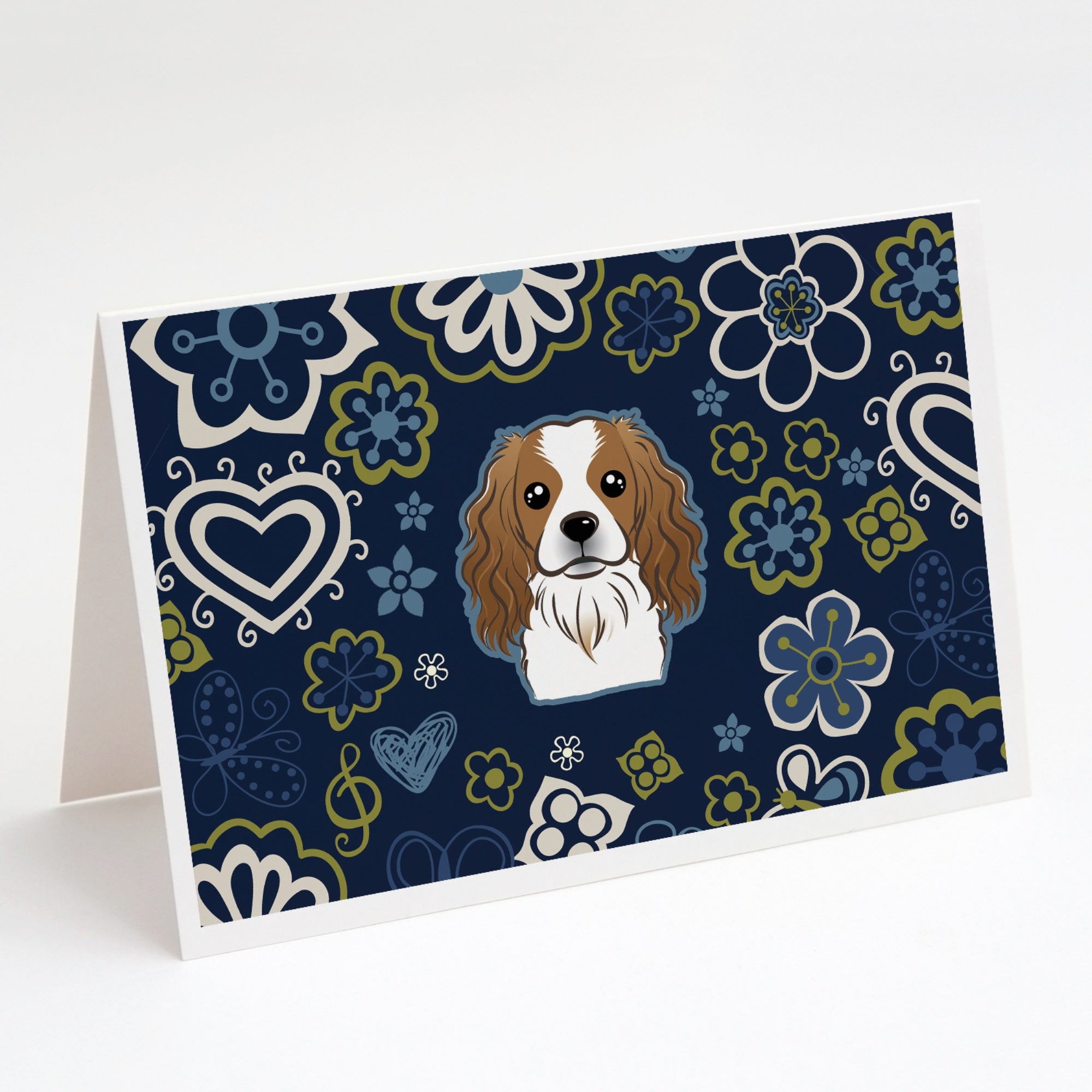 Blue Flowers Cavalier Spaniel Greeting Cards And Envelopes Pack Of 8