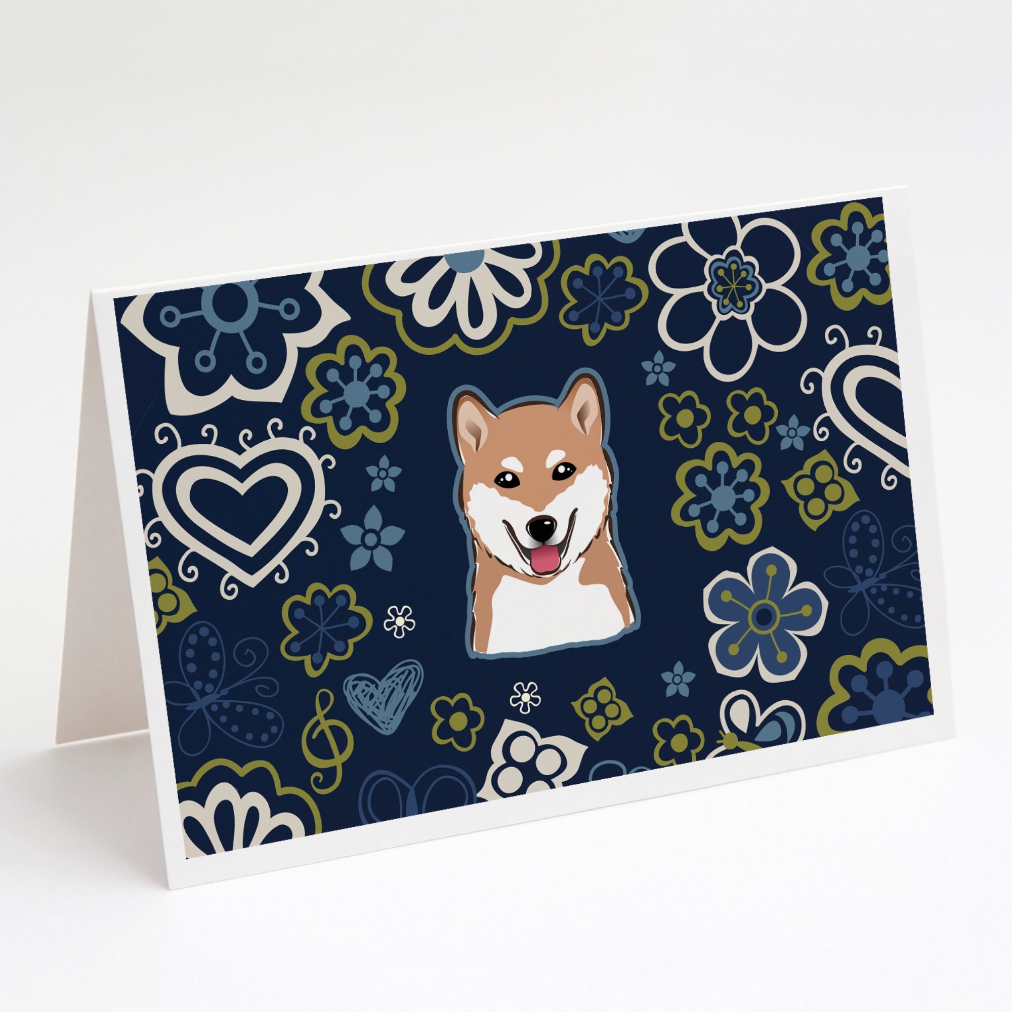 Blue Flowers Shiba Inu Greeting Cards And Envelopes Pack Of 8