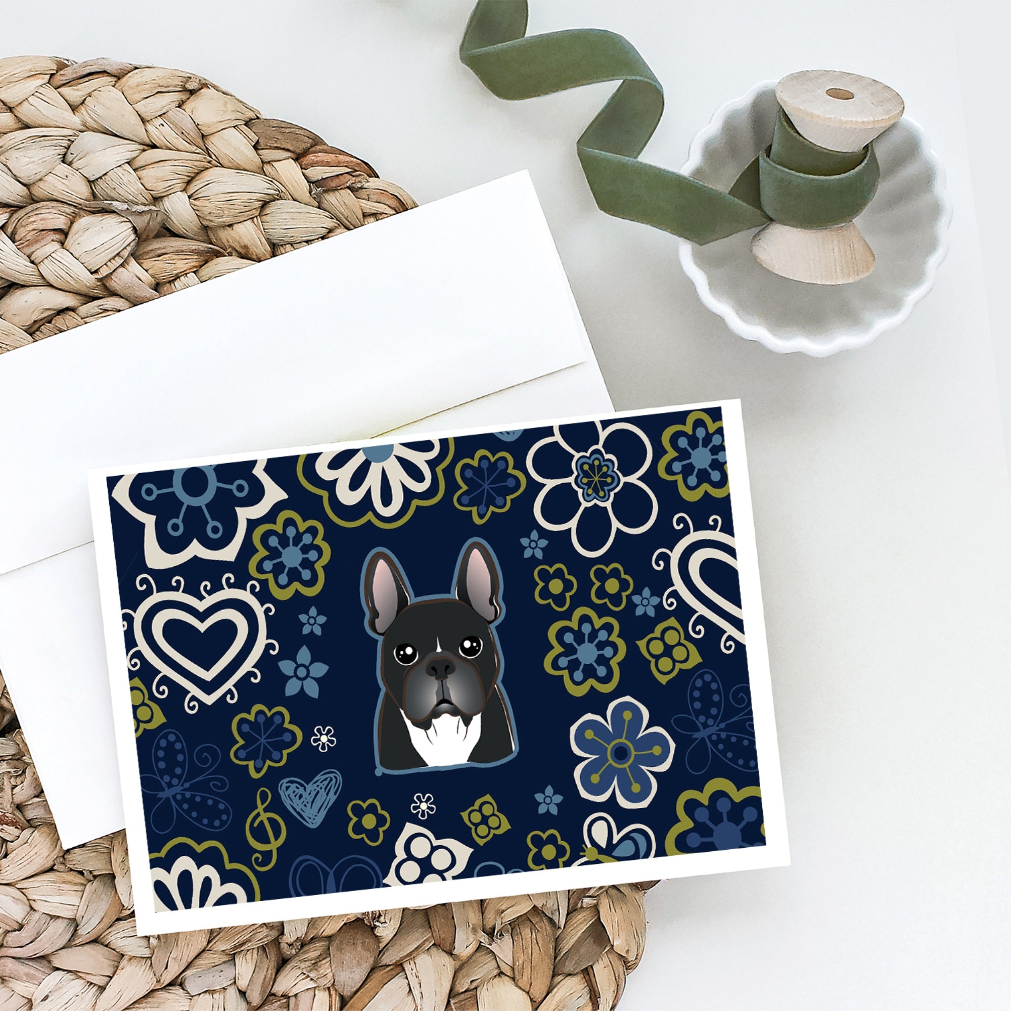 Blue Flowers French Bulldog Greeting Cards And Envelopes Pack Of 8
